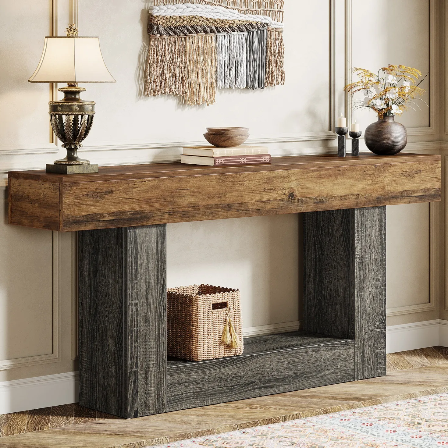 63" Wooden Console Table, Farmhouse 2-Tier Sofa Table Entryway Table