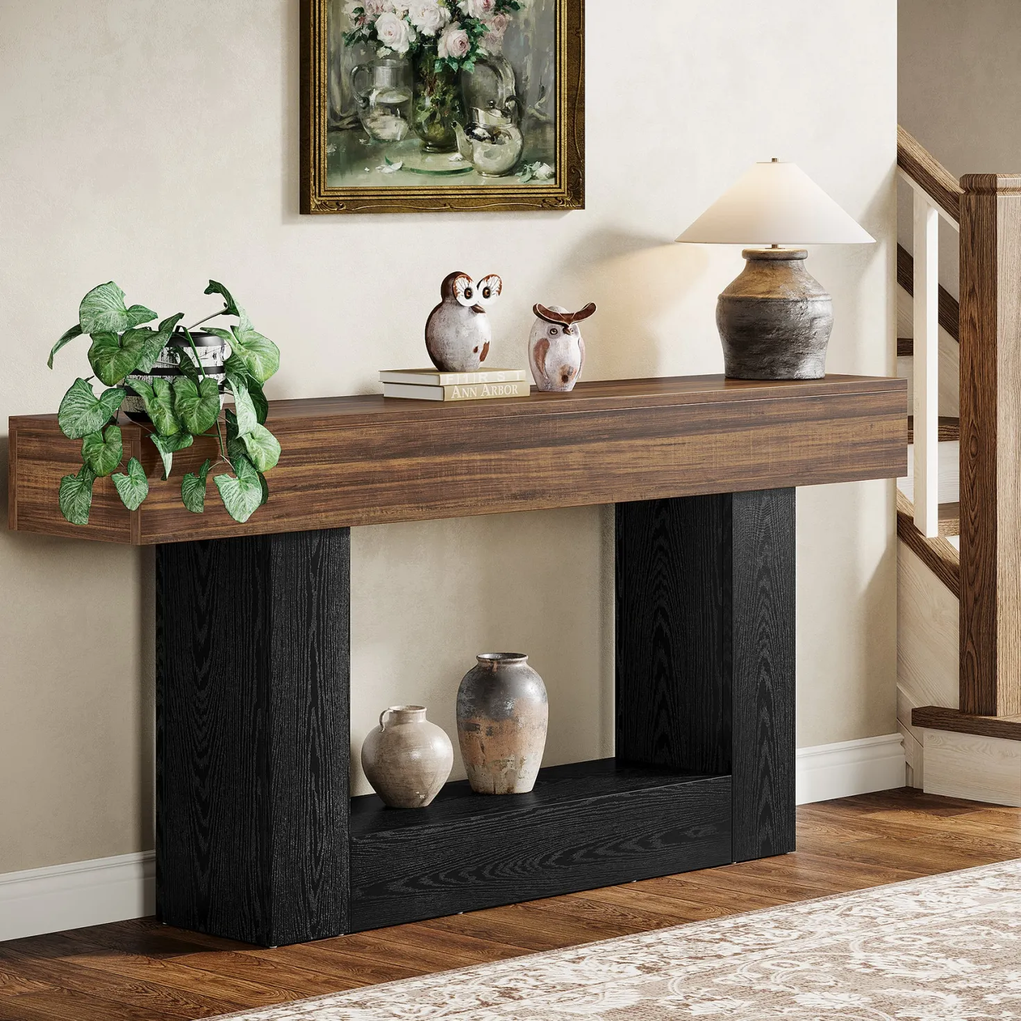 63" Wooden Console Table, Farmhouse 2-Tier Sofa Table Entryway Table