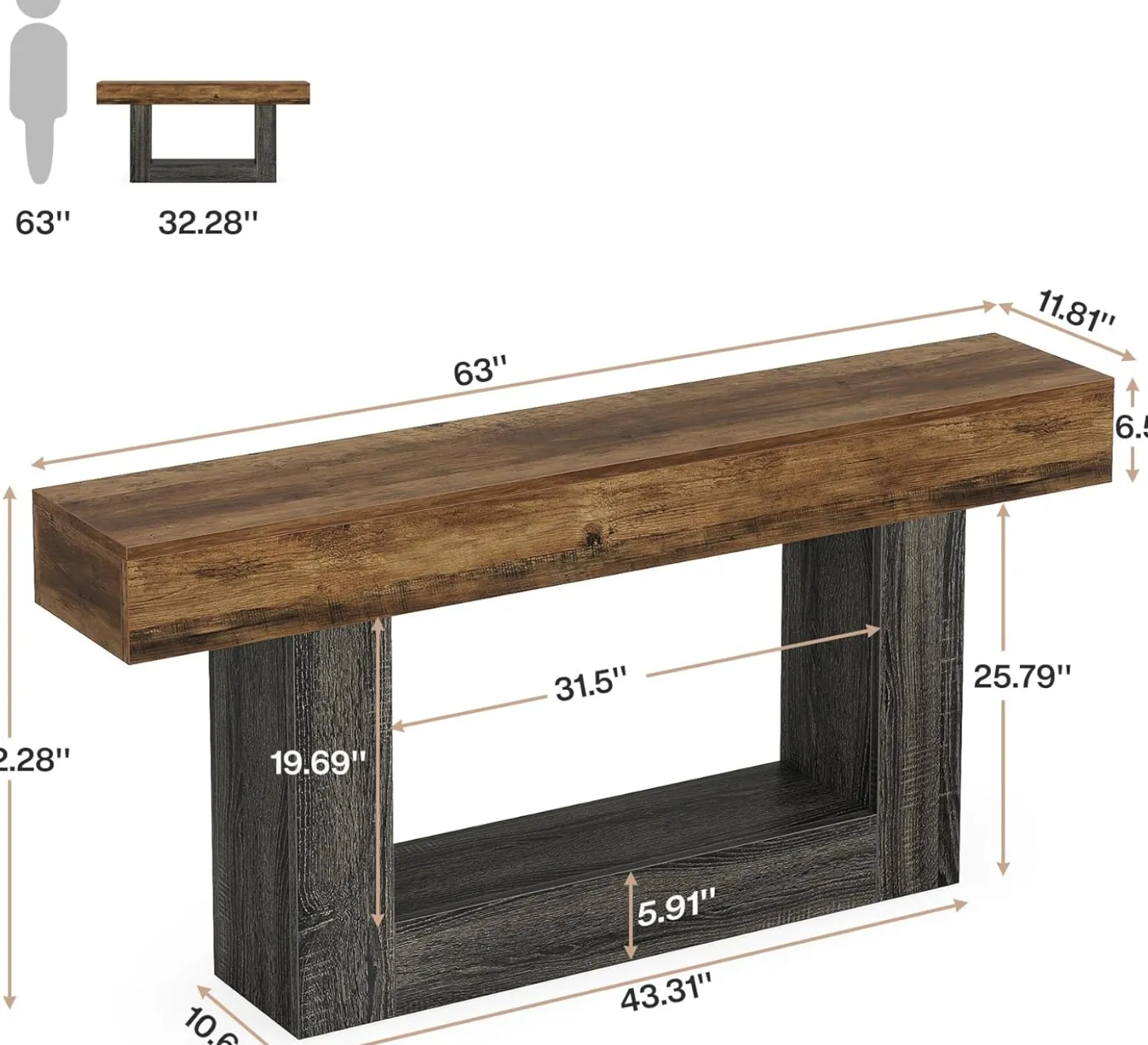 63" Wooden Console Table, Farmhouse 2-Tier Sofa Table Entryway Table