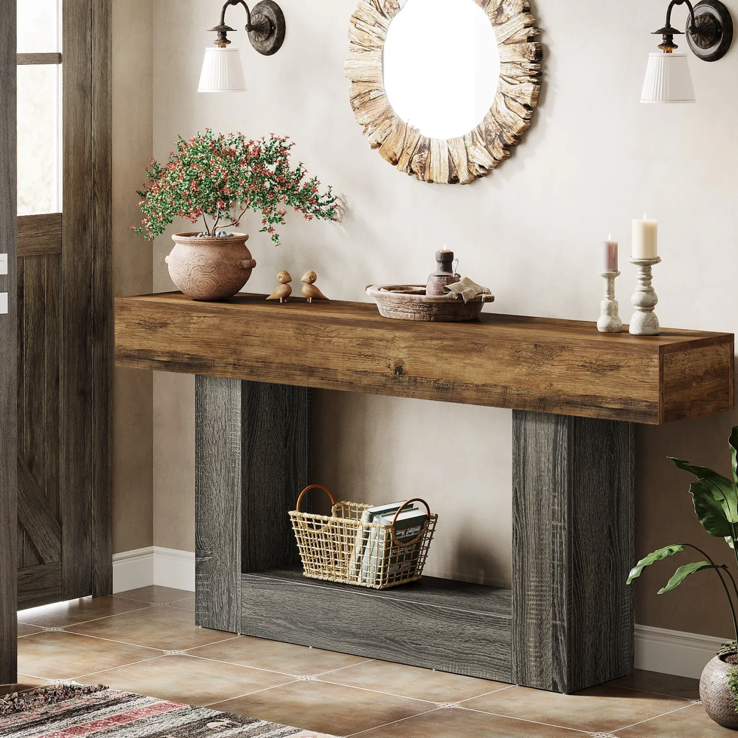 63" Wooden Console Table, Farmhouse 2-Tier Sofa Table Entryway Table