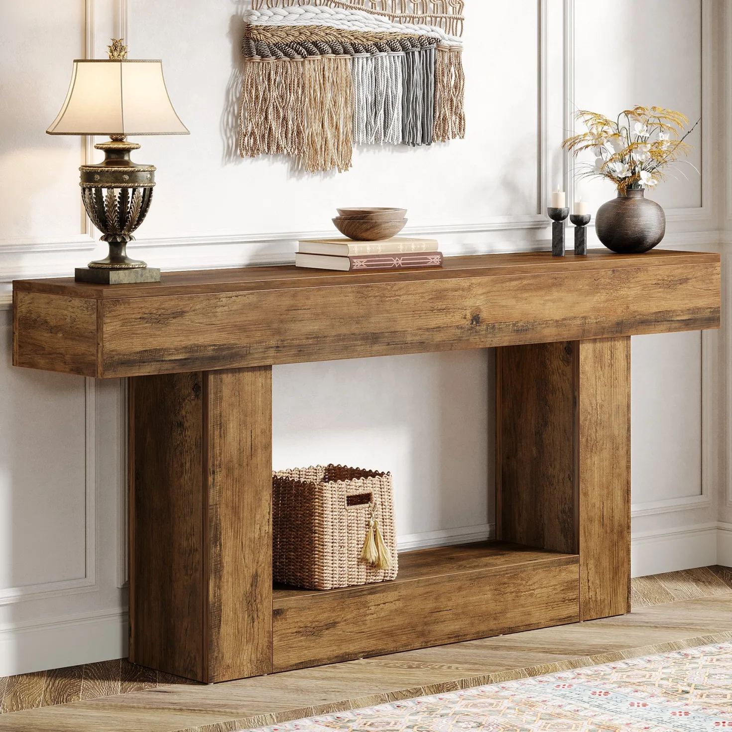 63" Wooden Console Table, Farmhouse 2-Tier Sofa Table Entryway Table