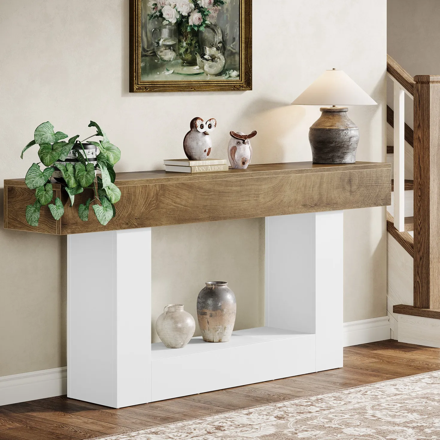 63" Wooden Console Table, Farmhouse 2-Tier Sofa Table Entryway Table