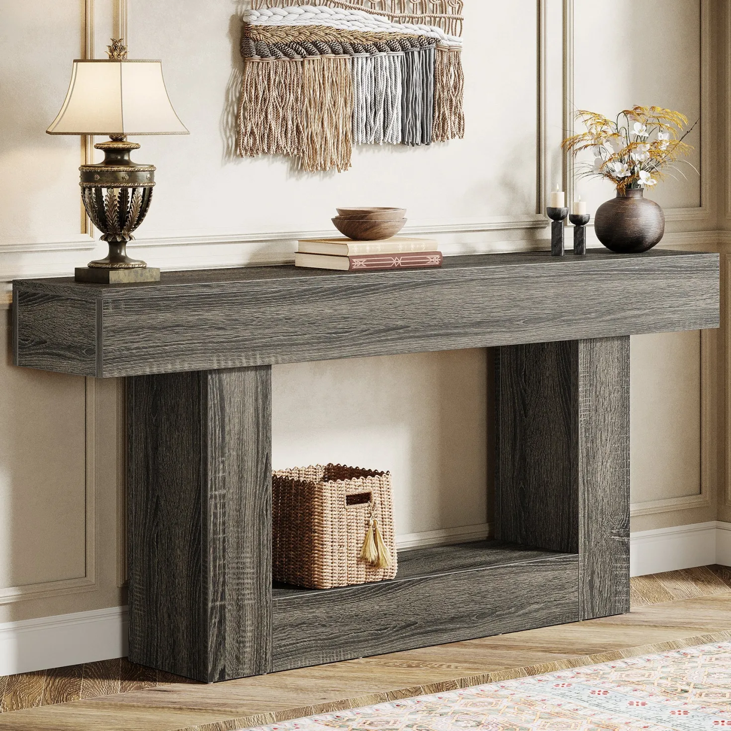 63" Wooden Console Table, Farmhouse 2-Tier Sofa Table Entryway Table