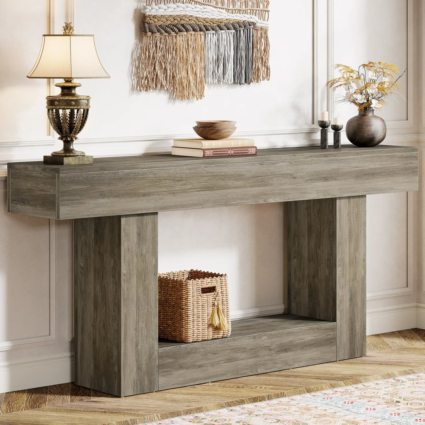 63" Wooden Console Table, Farmhouse 2-Tier Sofa Table Entryway Table