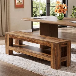 59" Wooden Dining Bench, Farmhouse Indoor Kitchen Bench with Storage Shelf