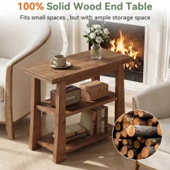 27.5" Wooden End Table, Narrow Nightstand with 3 Tier Storage Shelves for Living Room
