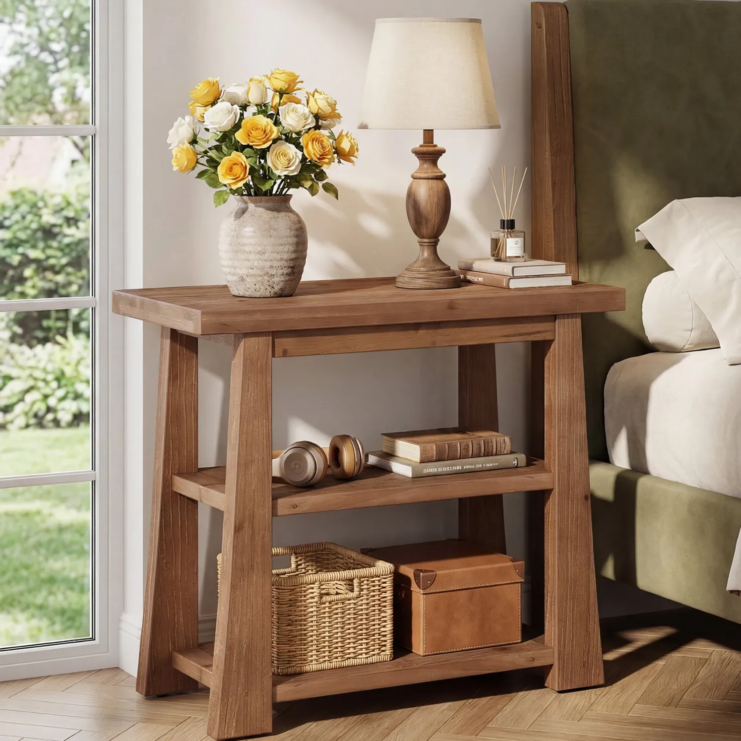 27.5" Wooden End Table, Narrow Nightstand with 3 Tier Storage Shelves for Living Room
