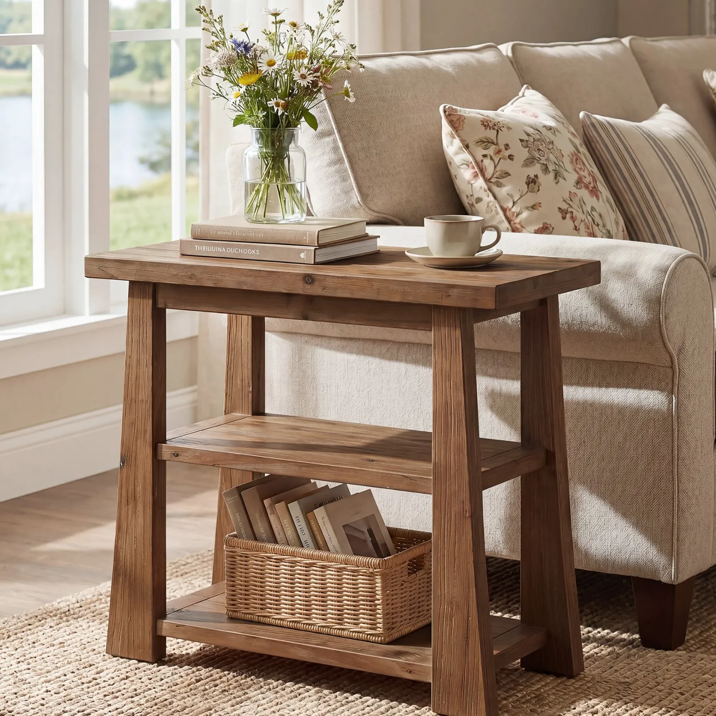 27.5" Wooden End Table, Narrow Nightstand with 3 Tier Storage Shelves for Living Room
