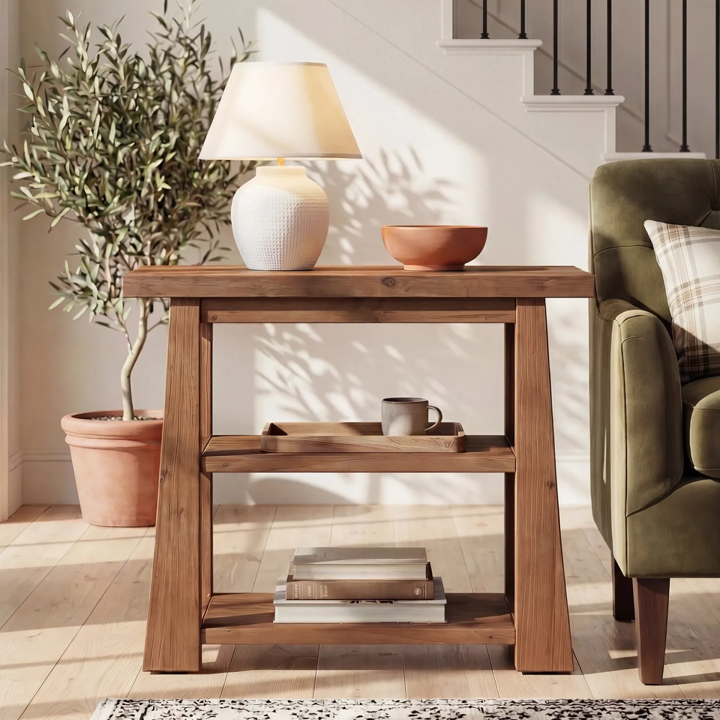 27.5" Wooden End Table, Narrow Nightstand with 3 Tier Storage Shelves for Living Room