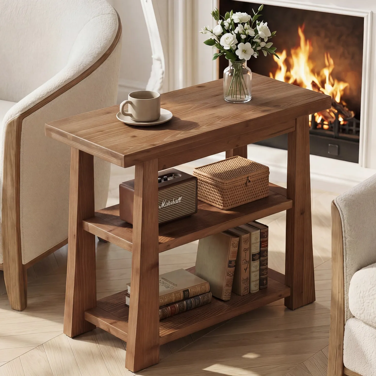 27.5" Wooden End Table, Narrow Nightstand with 3 Tier Storage Shelves for Living Room