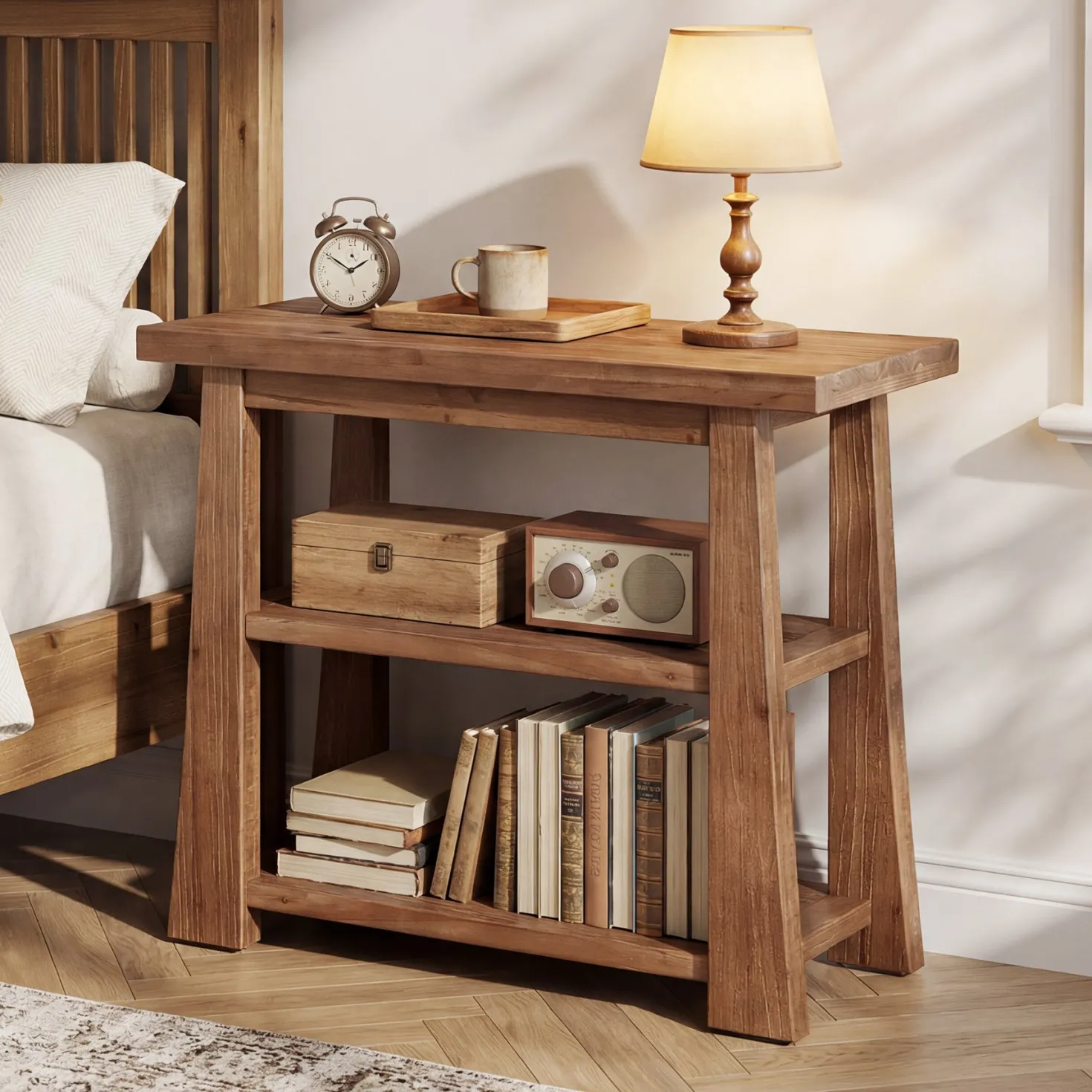 27.5" Wooden End Table, Narrow Nightstand with 3 Tier Storage Shelves for Living Room