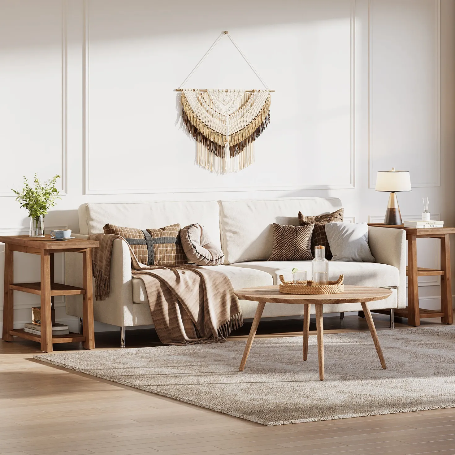 27.5" Wooden End Table, Narrow Nightstand with 3 Tier Storage Shelves for Living Room