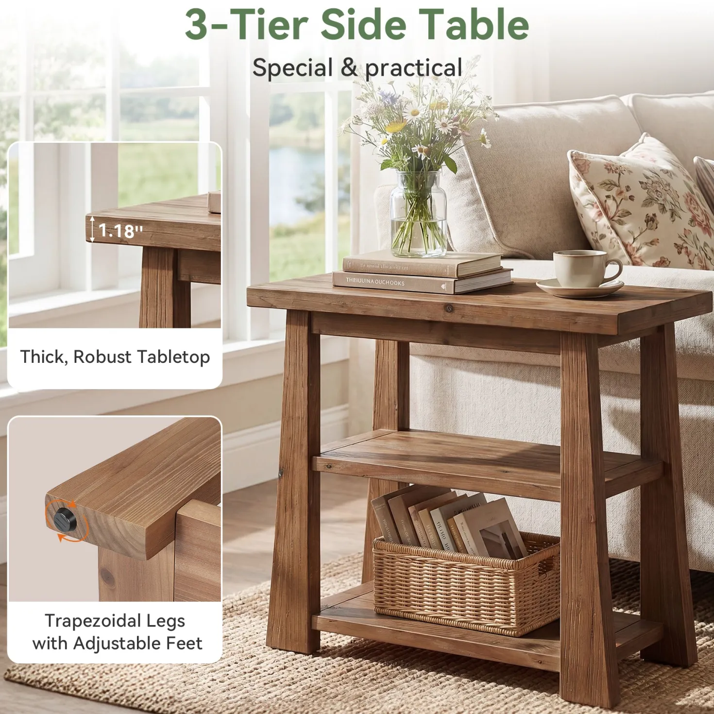 27.5" Wooden End Table, Narrow Nightstand with 3 Tier Storage Shelves for Living Room