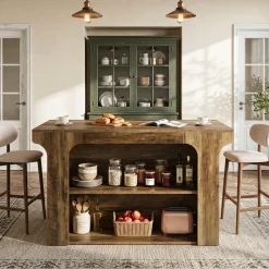 55" Wooden Kitchen Island, Stationary Dinner Prep Station with 2 Shelves