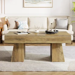 47.24" Wooden Low Coffee Table, Rustic Rectangular Center Table with Solid Base