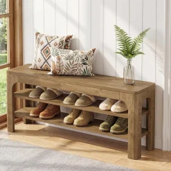 47.2" Wooden Shoe Storage Bench, Farmhouse Entryway Shoe Rack Bench with 2-Tier Open Shelves