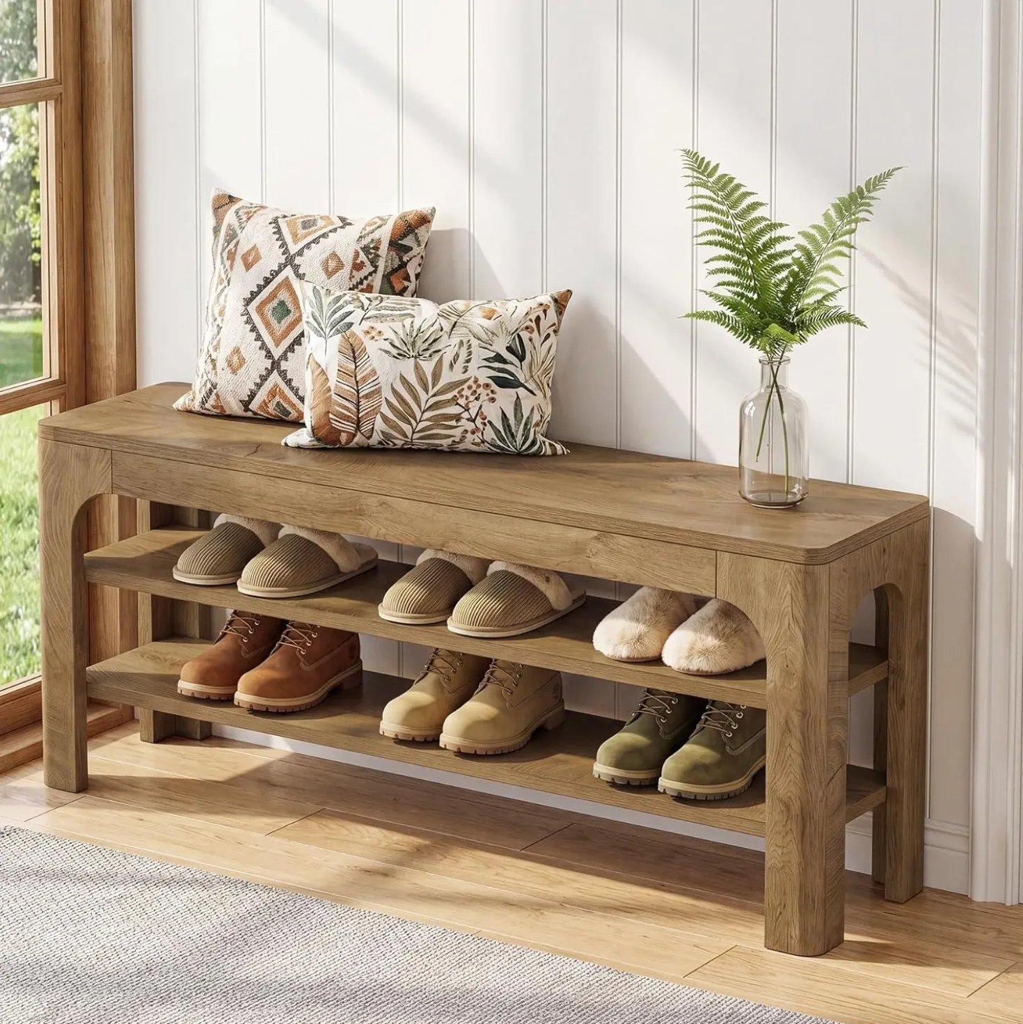 47.2" Wooden Shoe Storage Bench, Farmhouse Entryway Shoe Rack Bench with 2-Tier Open Shelves