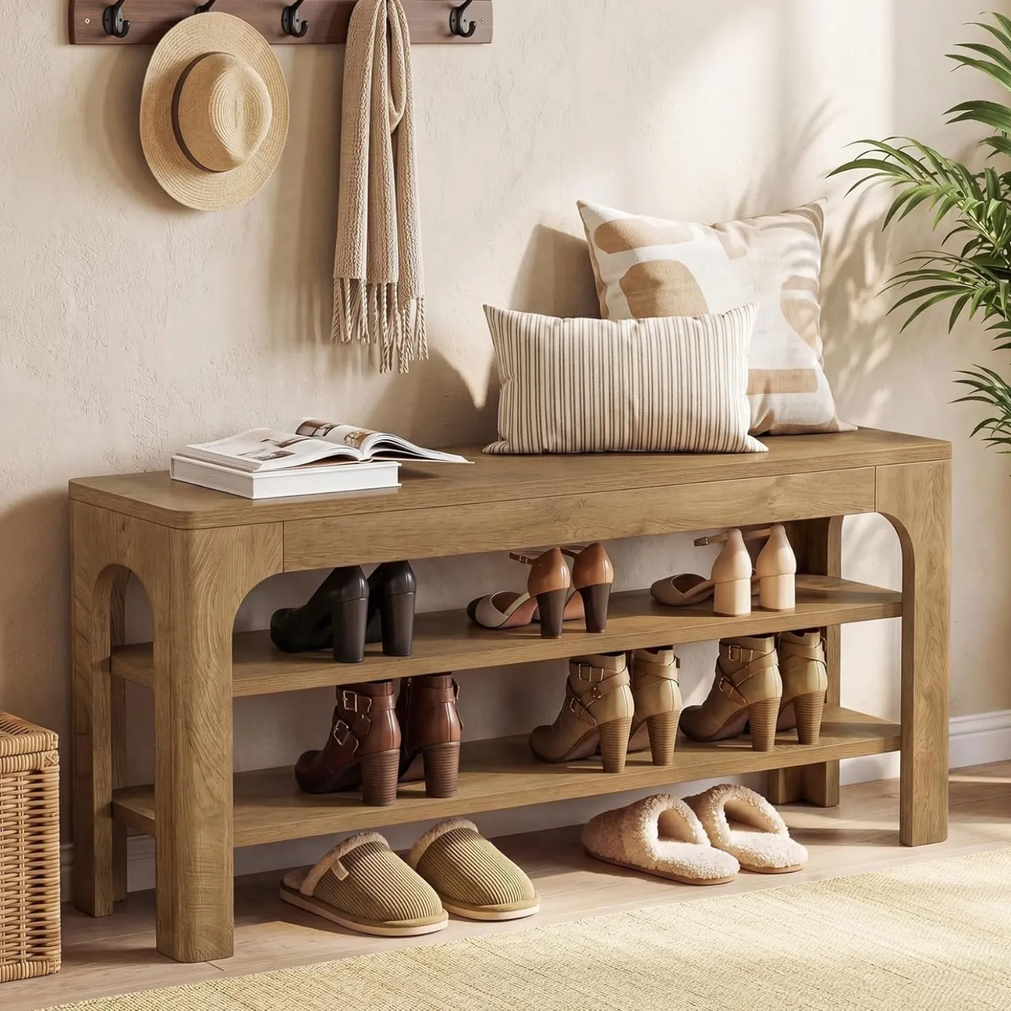 47.2" Wooden Shoe Storage Bench, Farmhouse Entryway Shoe Rack Bench with 2-Tier Open Shelves