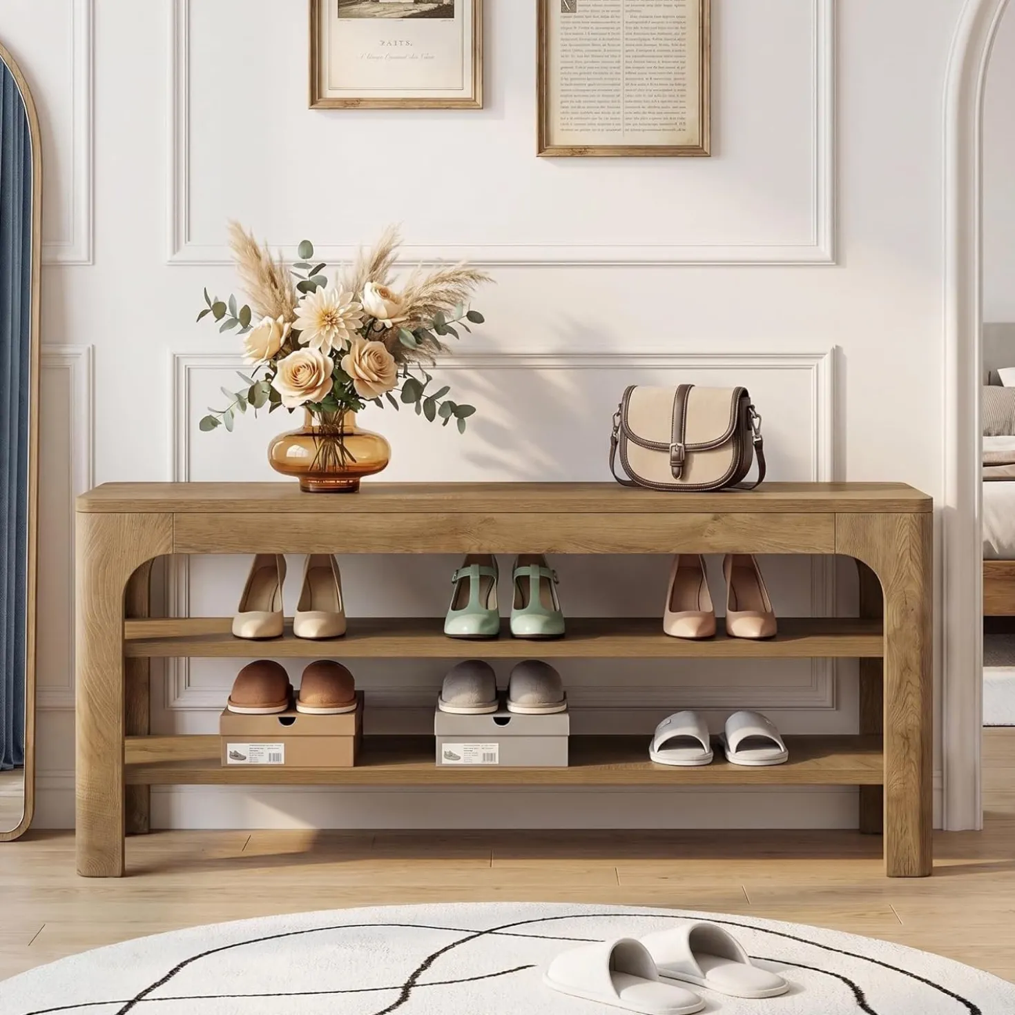 47.2" Wooden Shoe Storage Bench, Farmhouse Entryway Shoe Rack Bench with 2-Tier Open Shelves