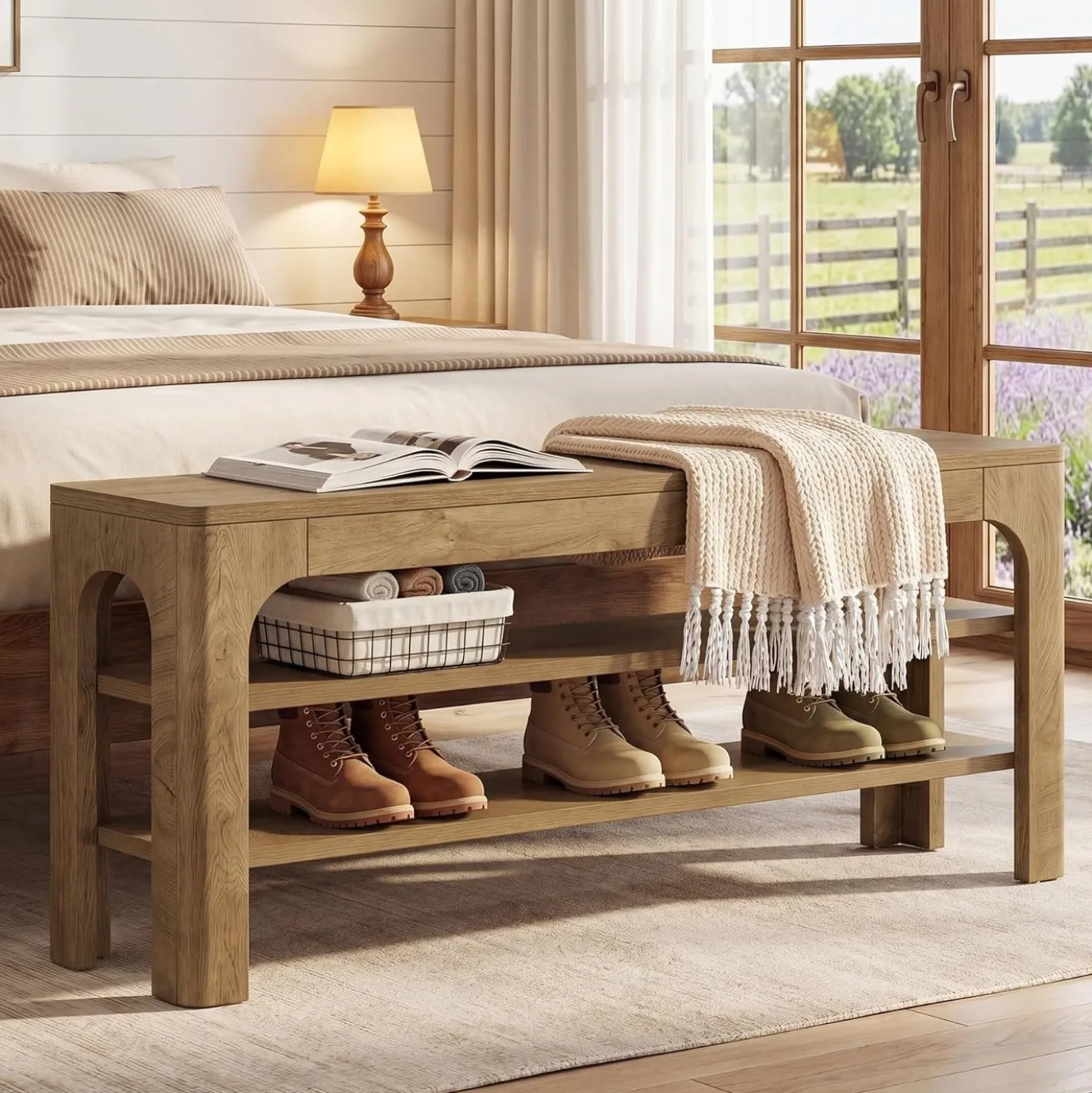 47.2" Wooden Shoe Storage Bench, Farmhouse Entryway Shoe Rack Bench with 2-Tier Open Shelves