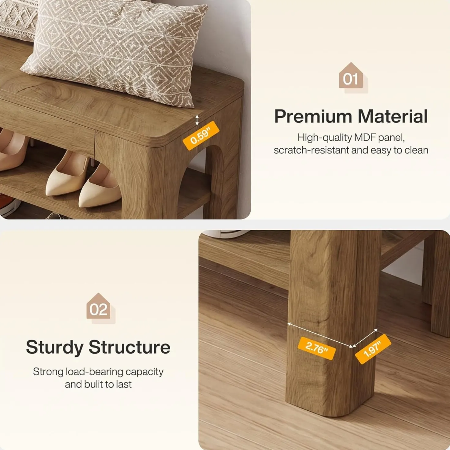 47.2" Wooden Shoe Storage Bench, Farmhouse Entryway Shoe Rack Bench with 2-Tier Open Shelves