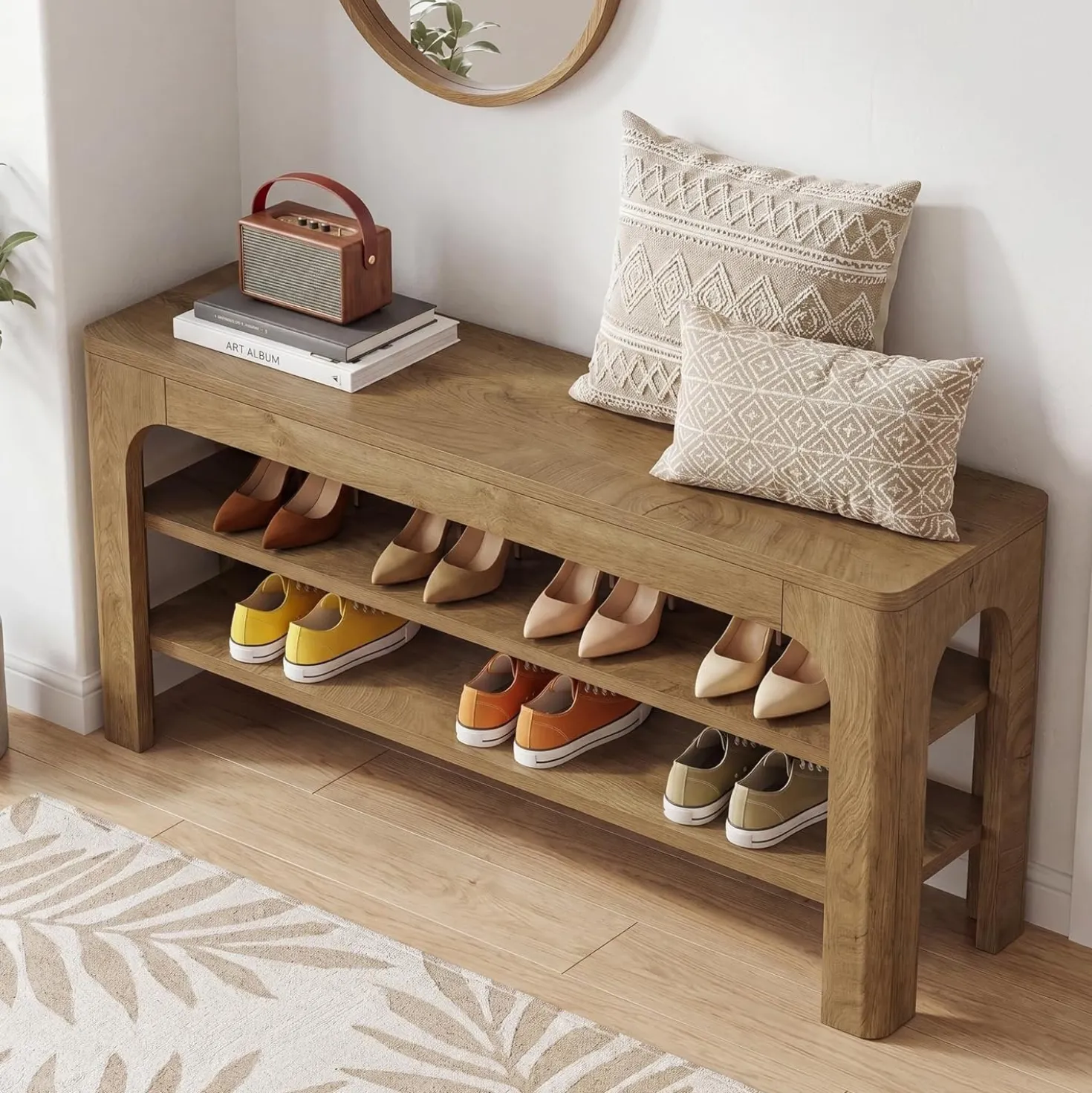 47.2" Wooden Shoe Storage Bench, Farmhouse Entryway Shoe Rack Bench with 2-Tier Open Shelves