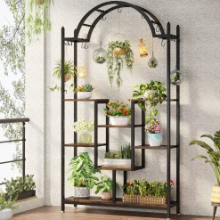 Arched Plant Stand, 74.8" Flower Stands with Hanging Hooks
