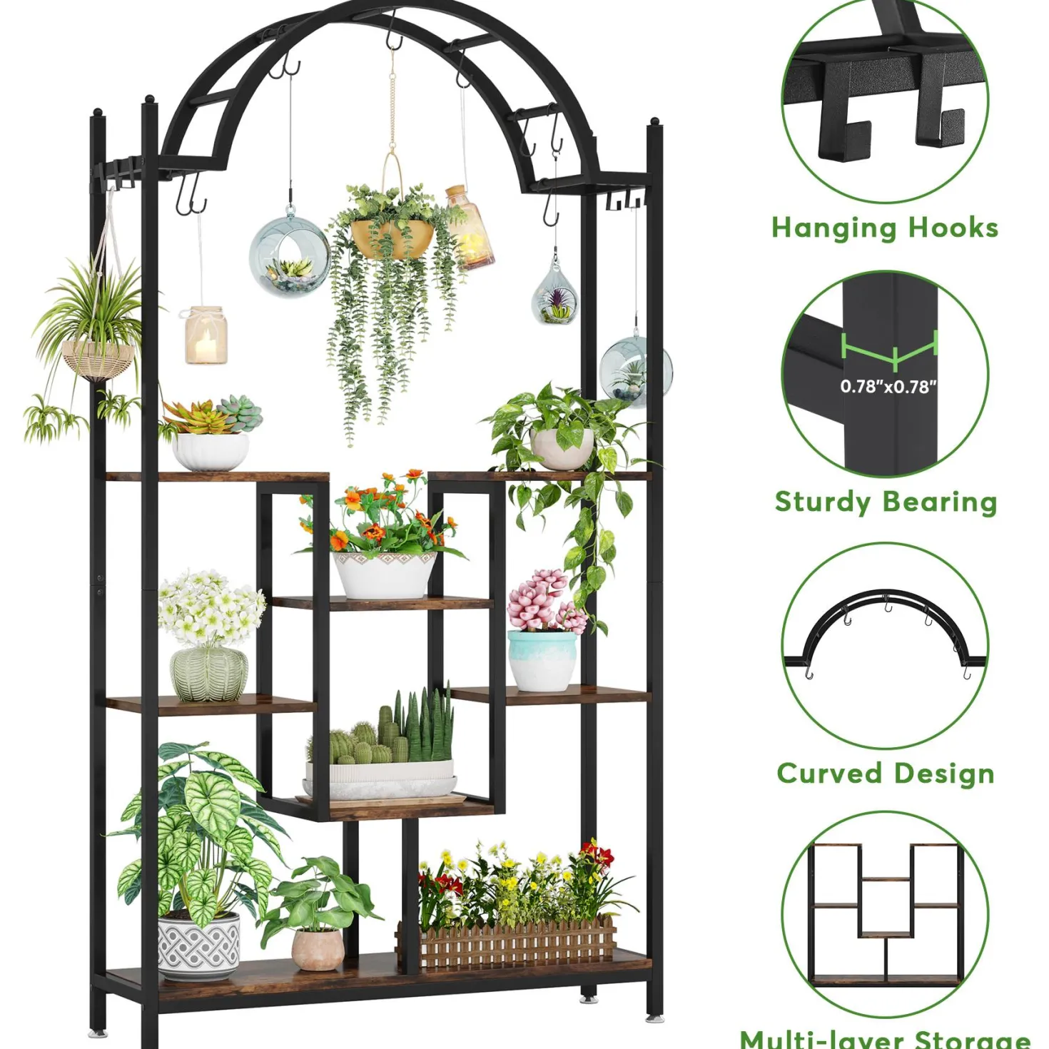 Arched Plant Stand, 74.8" Flower Stands with Hanging Hooks