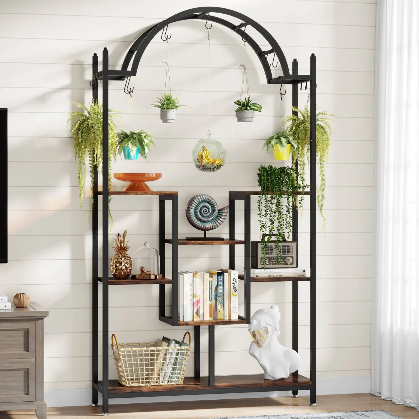 Arched Plant Stand, 74.8" Flower Stands with Hanging Hooks
