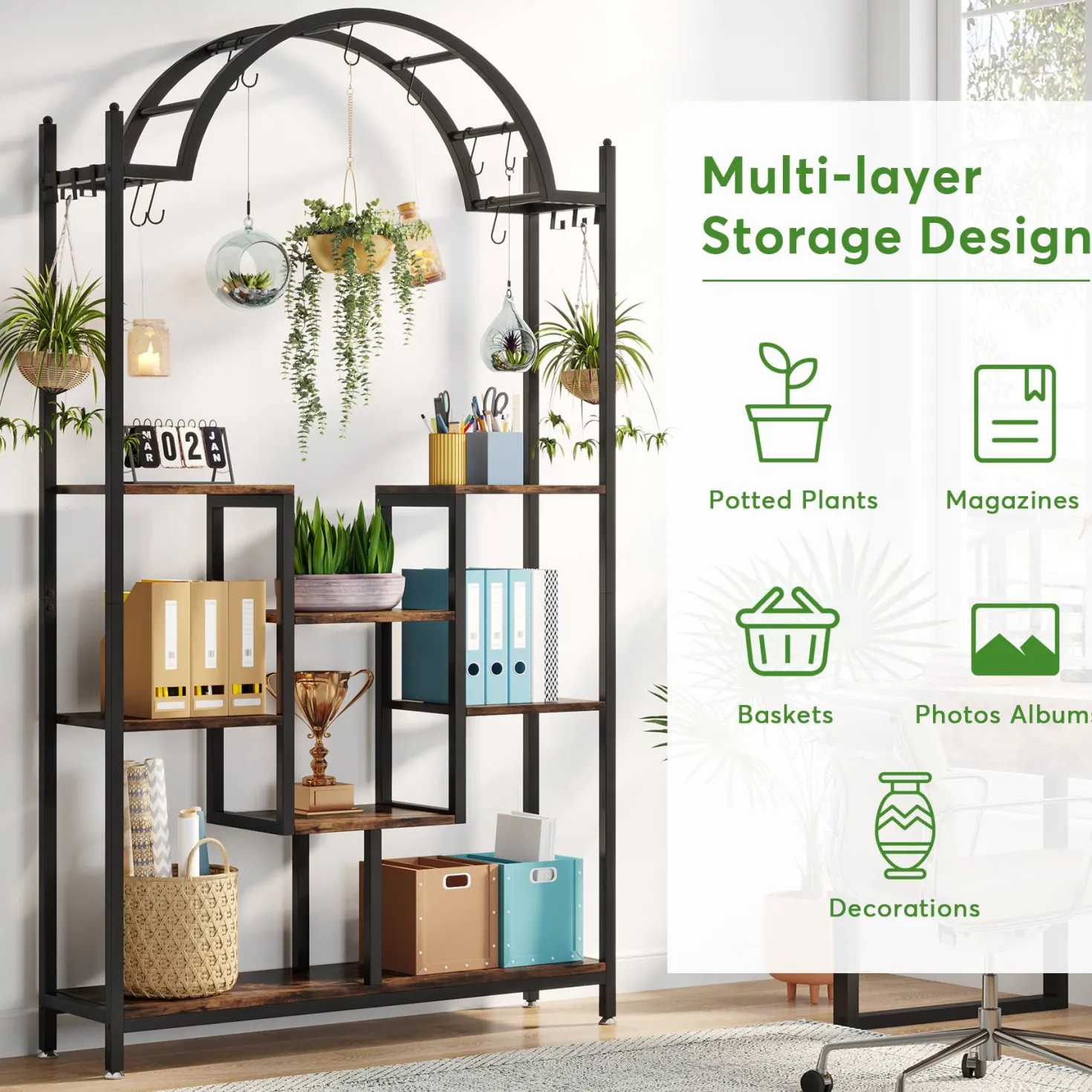 Arched Plant Stand, 74.8" Flower Stands with Hanging Hooks