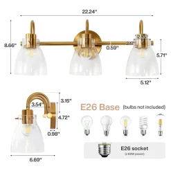 Bathroom Light Fixtures, 3-Light Vanity Lights with Clear Glass Shade