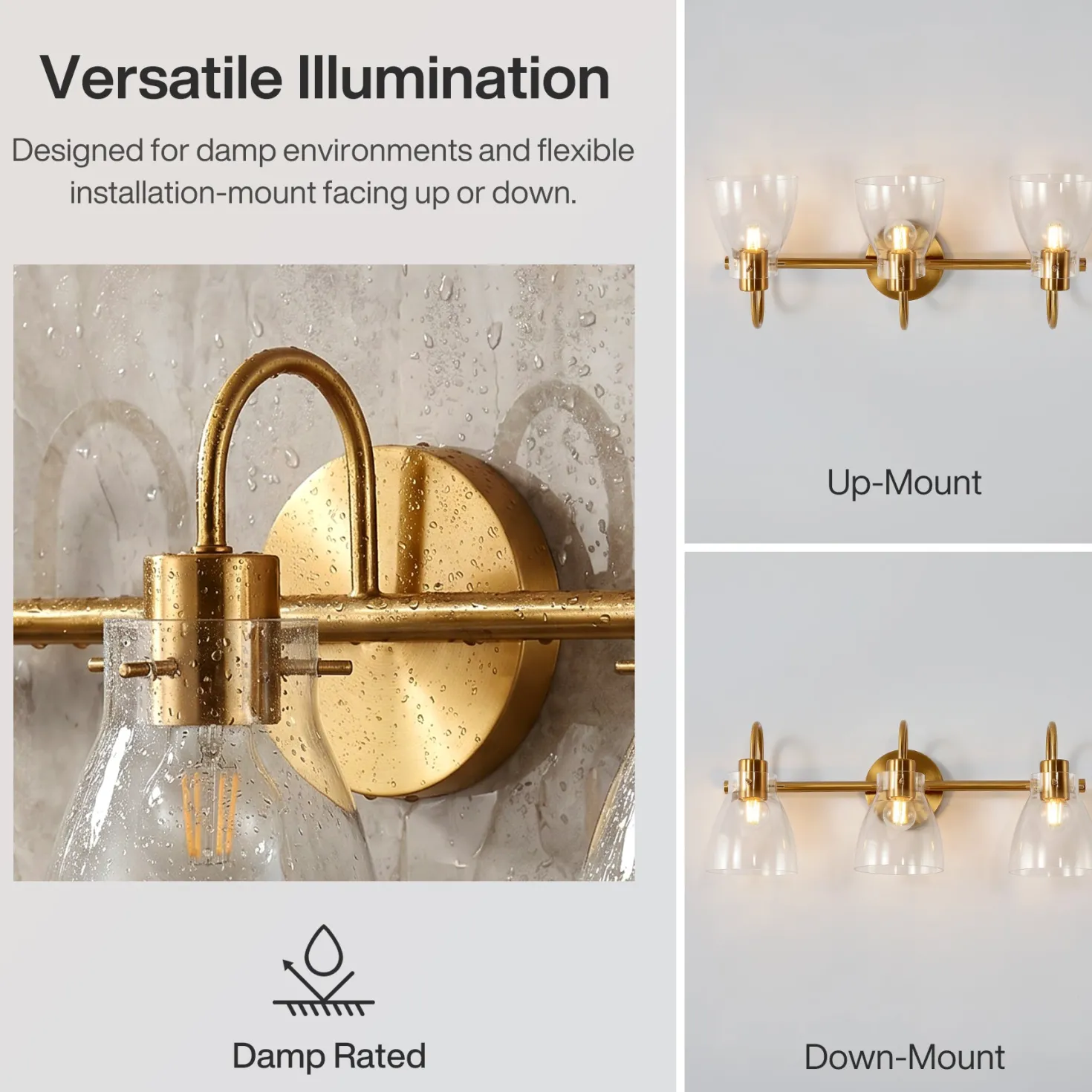 Bathroom Light Fixtures, 3-Light Vanity Lights with Clear Glass Shade