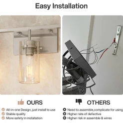 Bathroom Vanity Light Fixtures, 3-Light Wall Sconces Lighting with Clear Glass Shade