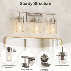 Bathroom Vanity Light Fixtures, 3-Light Wall Sconces Lighting with Clear Glass Shade