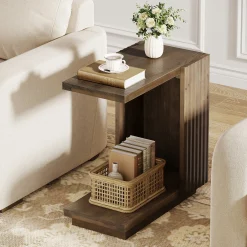 C Shaped Sofa End Table, Wood Side Table with Fluted Panels
