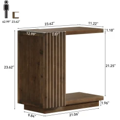 C Shaped Sofa End Table, Wood Side Table with Fluted Panels