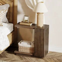 C Shaped Sofa End Table, Wood Side Table with Fluted Panels