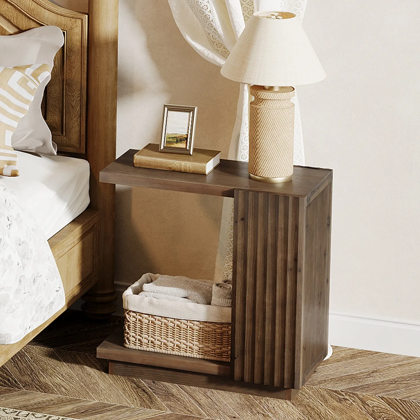 C Shaped Sofa End Table, Wood Side Table with Fluted Panels