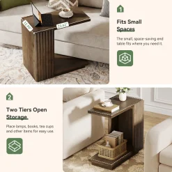 C Shaped Sofa End Table, Wood Side Table with Fluted Panels