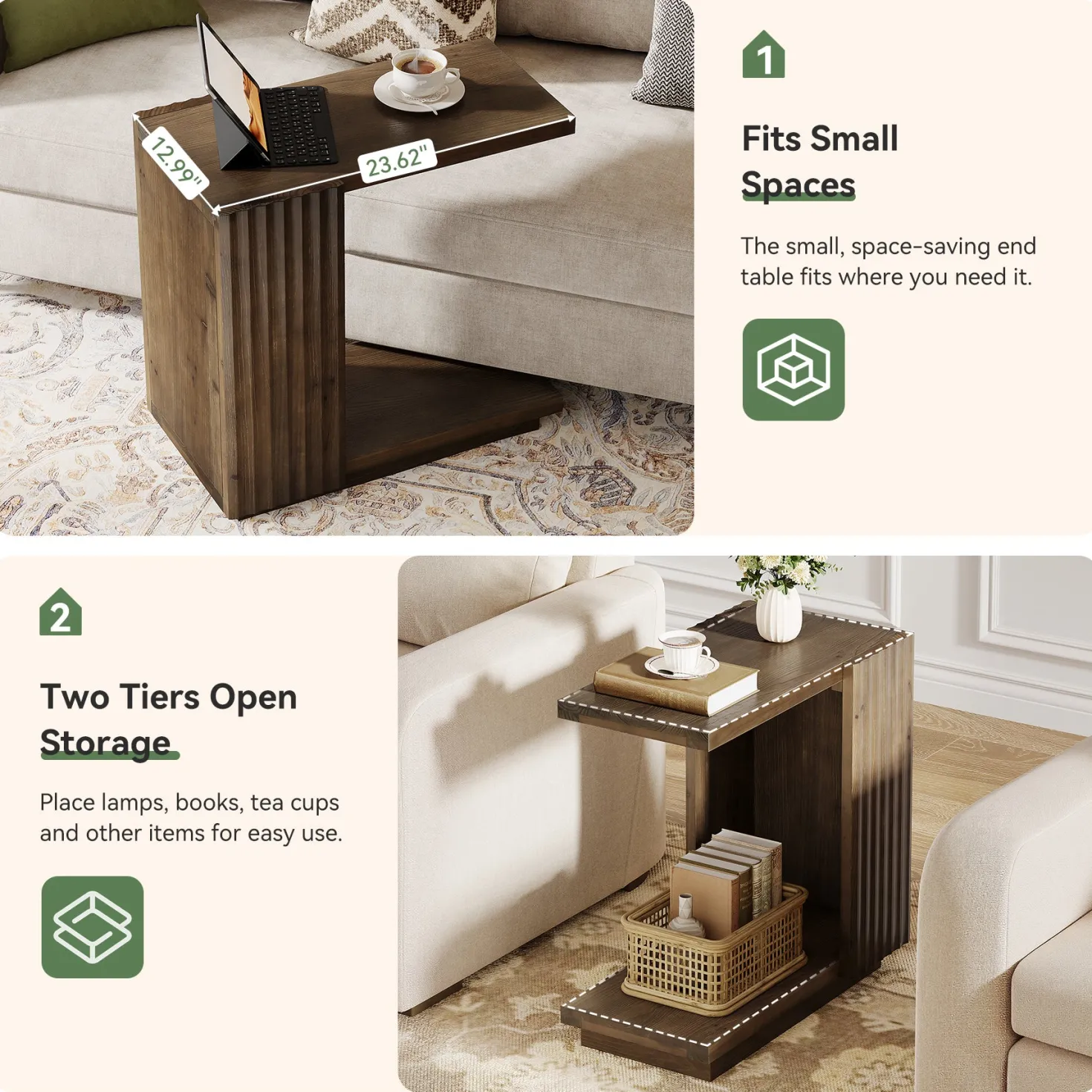 C Shaped Sofa End Table, Wood Side Table with Fluted Panels