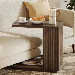 C Shaped Sofa End Table, Wood Side Table with Fluted Panels