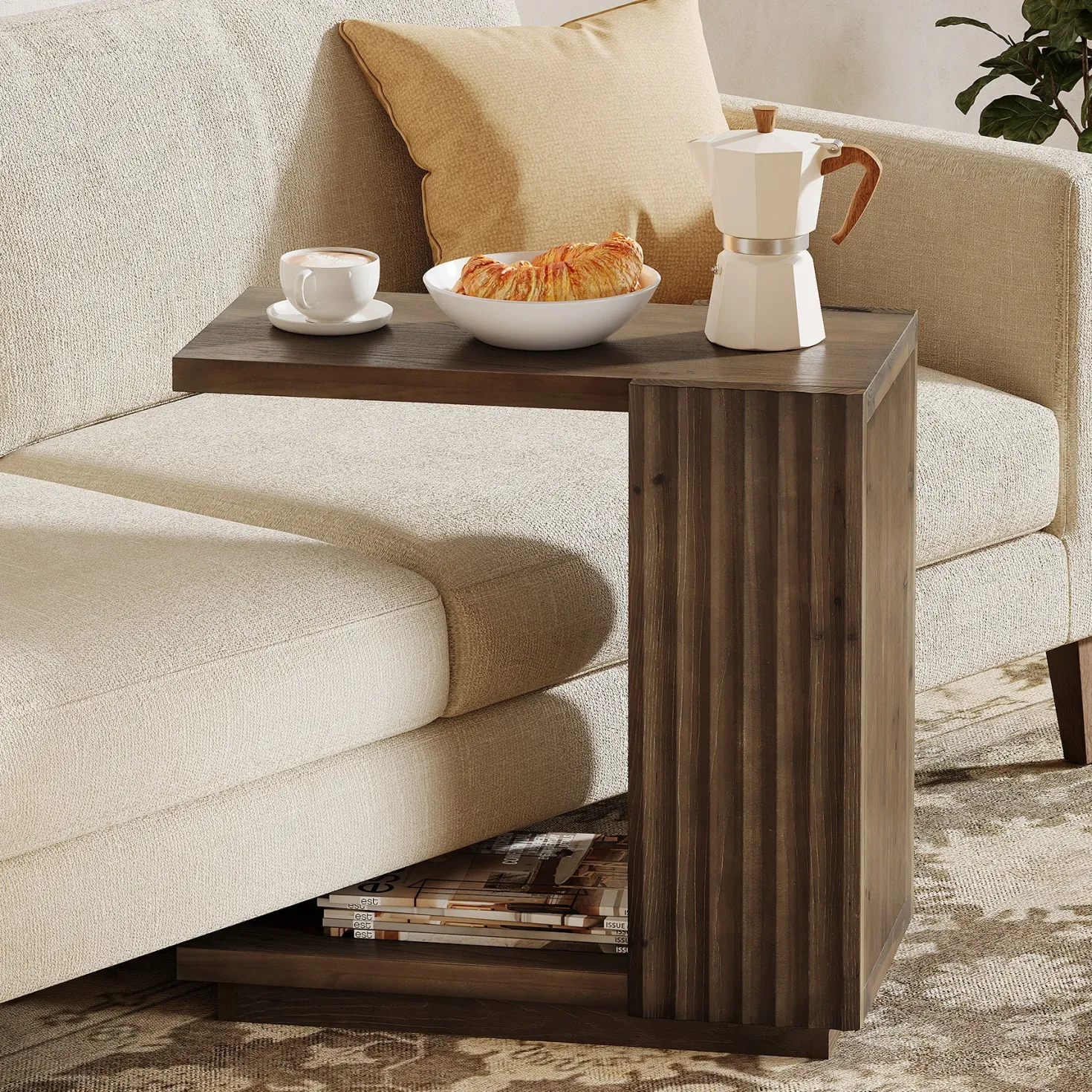 C Shaped Sofa End Table, Wood Side Table with Fluted Panels