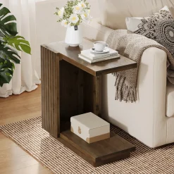 C Shaped Sofa End Table, Wood Side Table with Fluted Panels
