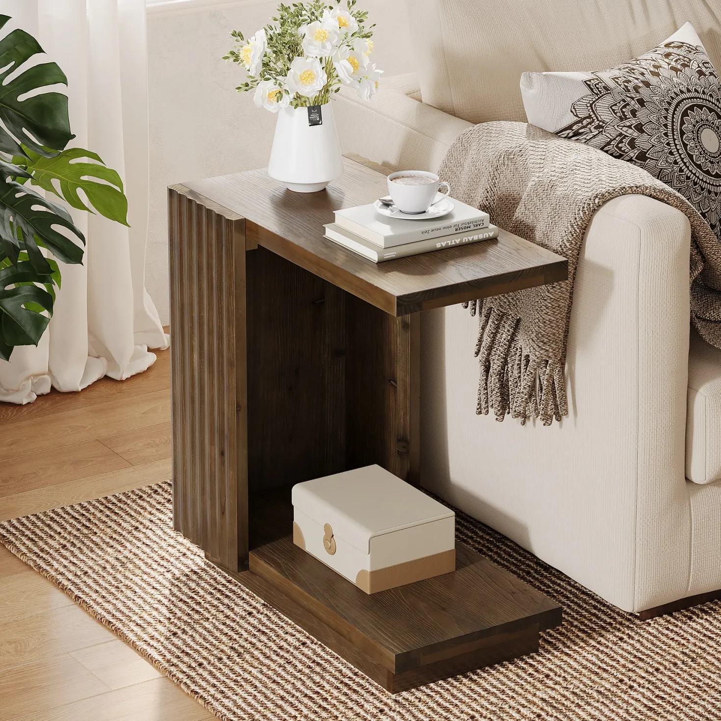 C Shaped Sofa End Table, Wood Side Table with Fluted Panels
