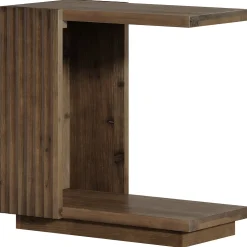C Shaped Sofa End Table, Wood Side Table with Fluted Panels