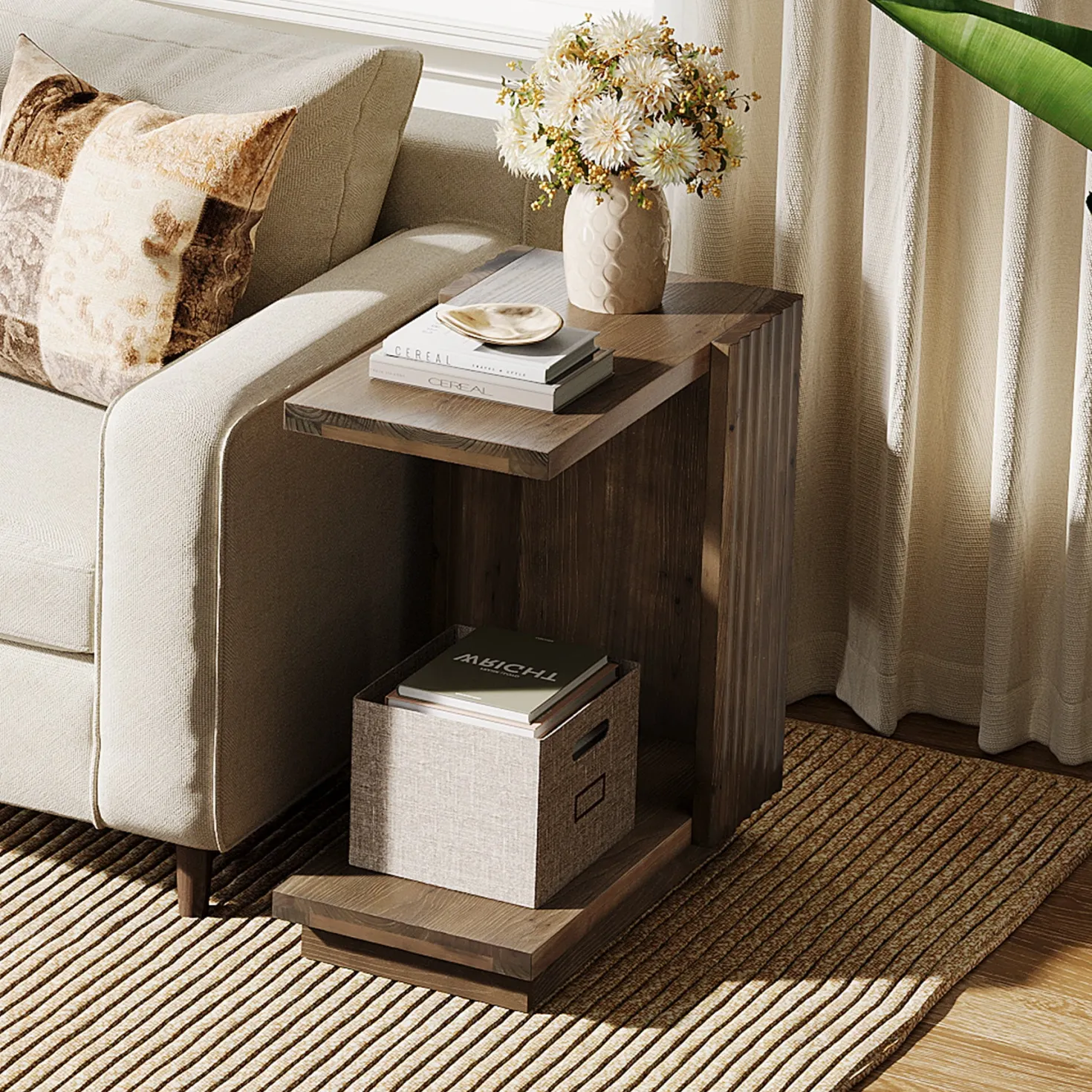 C Shaped Sofa End Table, Wood Side Table with Fluted Panels