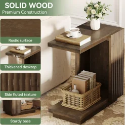 C Shaped Sofa End Table, Wood Side Table with Fluted Panels