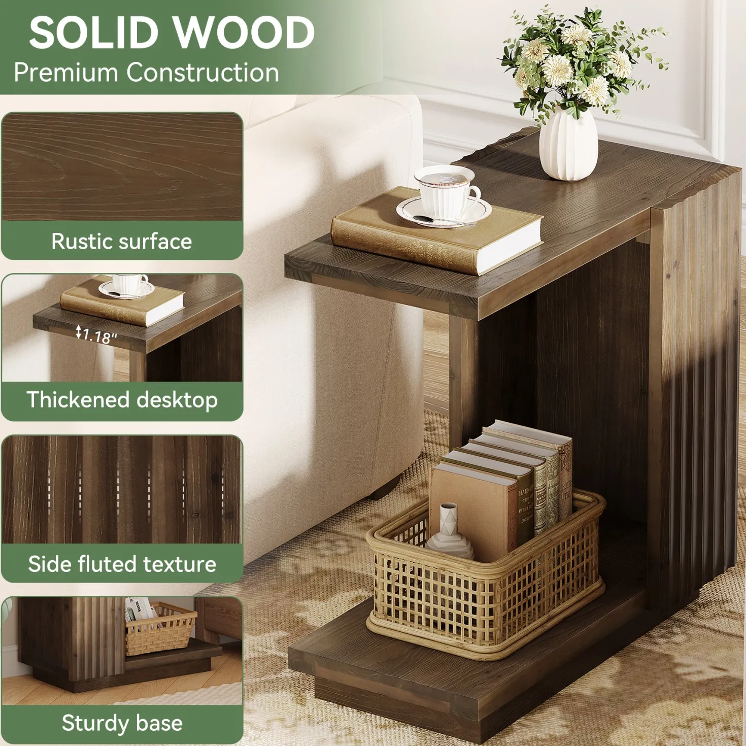 C Shaped Sofa End Table, Wood Side Table with Fluted Panels
