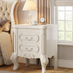 Carved Nightstand, Bedside Table End Table with 2 Drawers