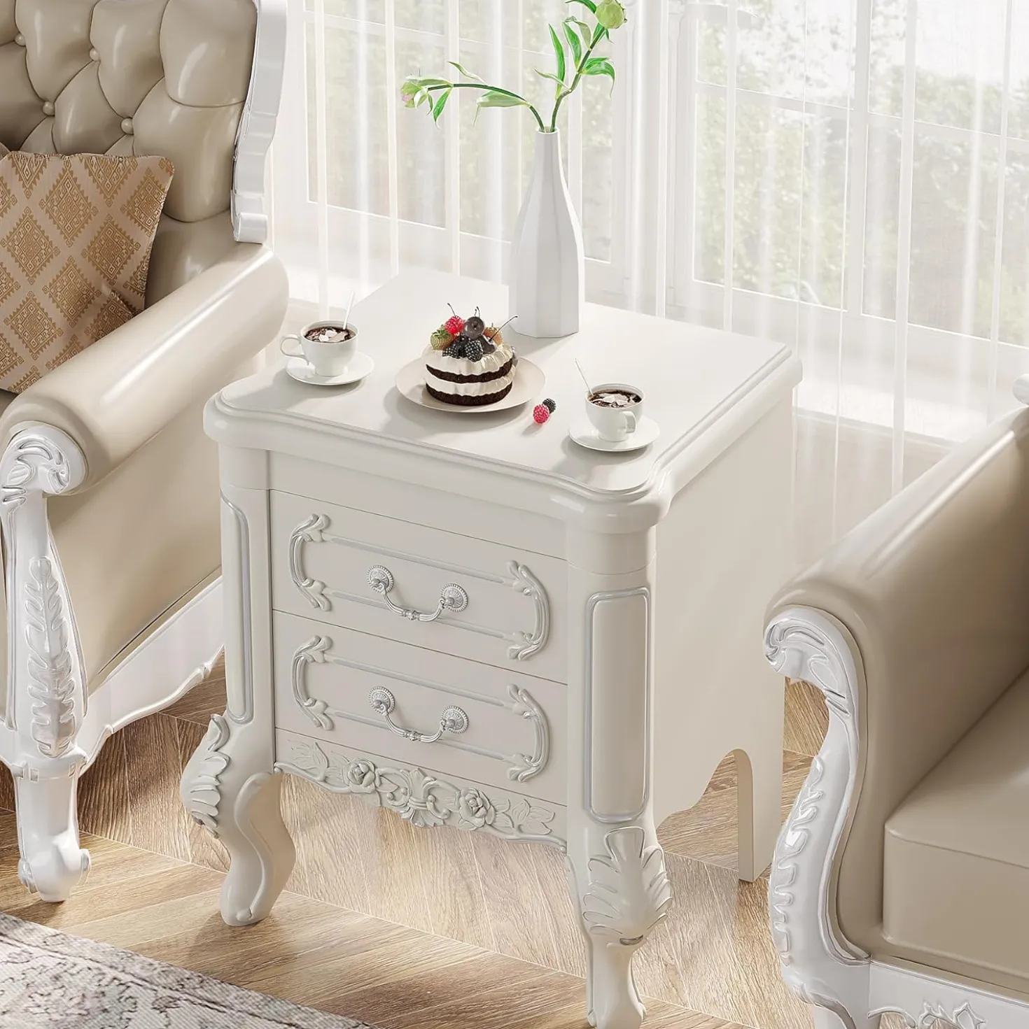 Carved Nightstand, Bedside Table End Table with 2 Drawers